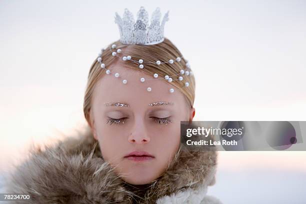 portrait of snow queen with closed eyes - frozen princess stock pictures, royalty-free photos & images