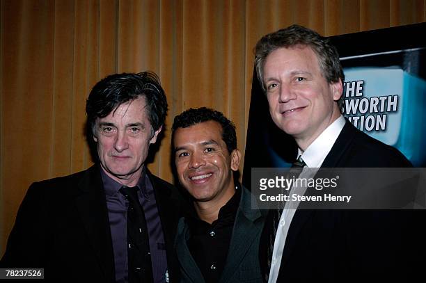 Actor Roger Rees, choreographer Sergio Trujillo and Jersey Boys co-author Rick Elice attend 'The Farnsworth Invention' after party at the Marriott...