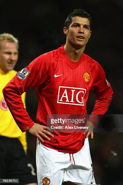 Cristiano Ronaldo of Manchester United reacts to a refused penalty during the Barclays Premier League match between Manchester United and Fulham at...