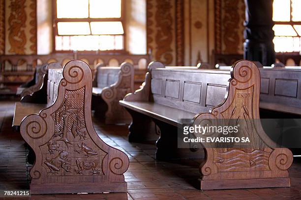 Picture of wooden benches of the Jesuit Missions' church in Concepcion, Bolivia, 300 km from Santa Cruz de la Sierra, on December 1st, 2007....