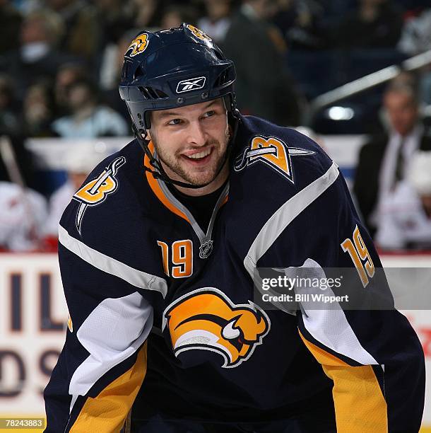 Tim Connolly of the Buffalo Sabres cracks a smile while playing the Carolina Hurricanes on December 1, 2007 at HSBC Arena in Buffalo, New York.