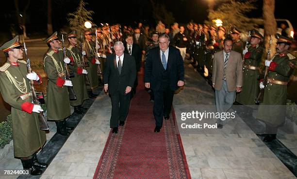 Secretary of Defense Robert M. Gates is escorted by Afghanistan Minister of Defense Abdul Rahim Wardak during a honor cordon December 4, 2007 in...