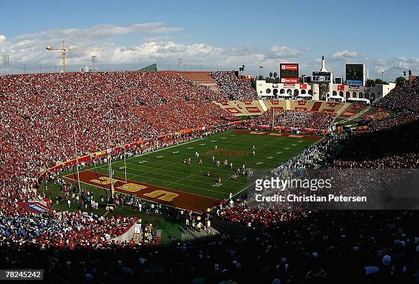 General view as the UCLA Bruins kick off to the USC Trojans to start the college football game at the Los Angeles Memorial Coliseum on December 1,...