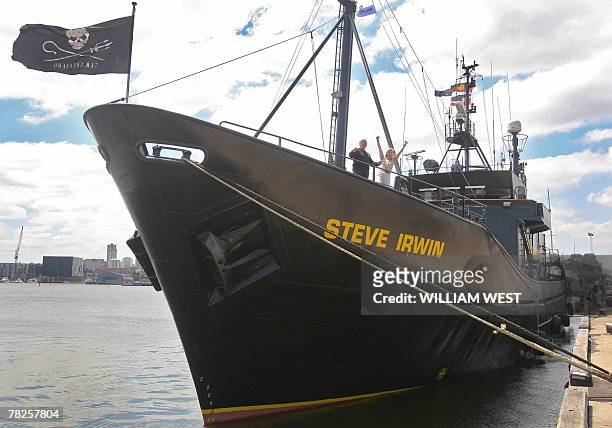 Terri Irwin , wife of the late crocodile hunter Steve Irwin, and Captain Paul Watson pose on the newly named ship 'Steve Irwin', after a naming...