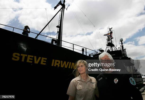 Captain Paul Watson and Terri Irwin stand beside the ship as the Sea Shepherd Conservation Society renames its whale defending ship "Steve Irwin" at...