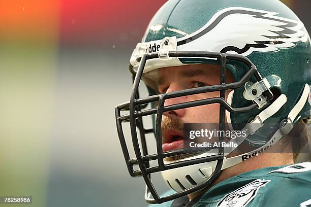 Jon Runyan of the Philadelphia Eagles looks on during the NFL game against the Seattle Seahawks at the Lincoln Financial Field on December 2, 2007 in...