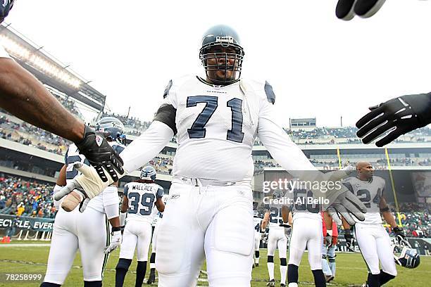 Walter Jones of the Seattle Seahawks is introduced on the field during the NFL game against the Philadelphia Eagles at the Lincoln Financial Field on...