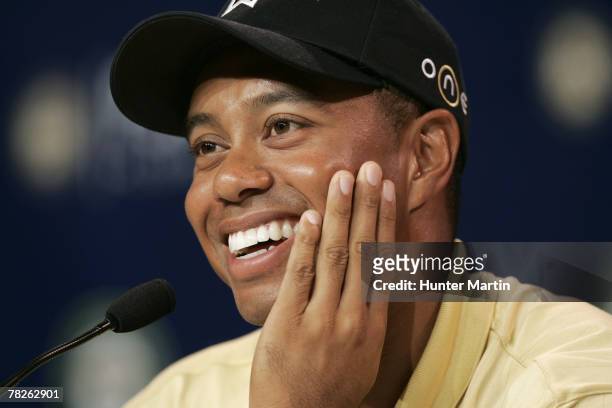 Tiger Woods during a press conference after his second practice round of the 2005 PGA Championship at Baltusrol Golf Club in Springfield, New Jersey...