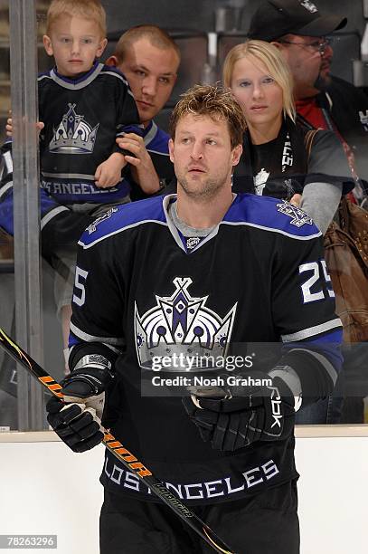Jon Klemm of the Los Angeles Kings looks on during warm-ups before the game against the Colorado Avalanche at Staples Center on December 1, 2007 in...