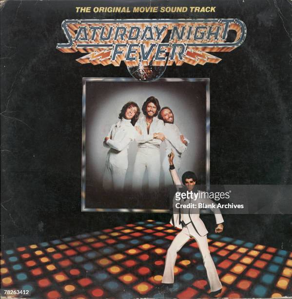 View of the cover of the soundtrack album from the film 'Saturday Night Fever,' 1977. Published by RSO Records, the album's jacket features a large,...