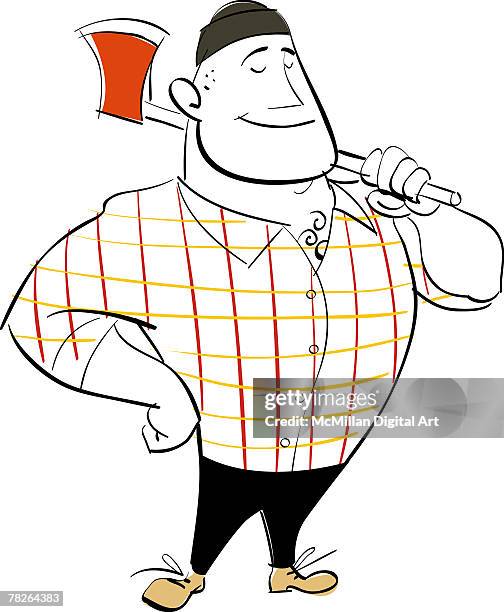 man carrying ax over shoulder - flannel shirt white background stock illustrations