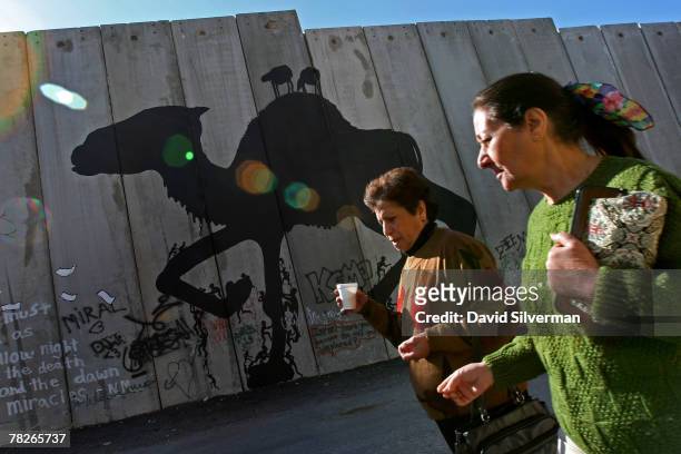 Palestinian women walk to work past graffiti of a camel, attributed to a Spanish artist called Sam3, on Israel's separation barrier December 5, 2007...