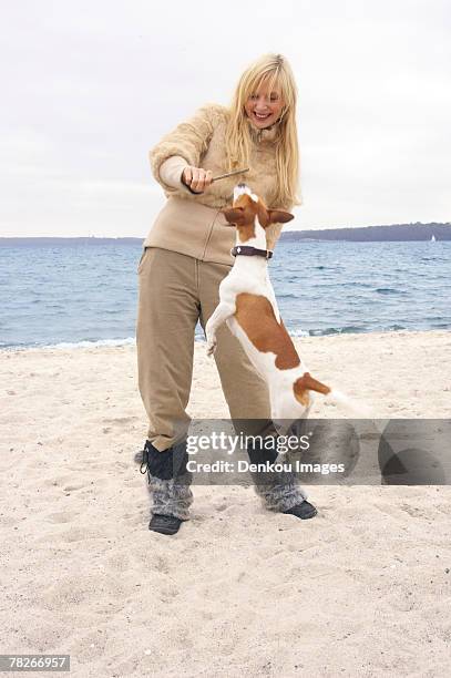 young woman playing with a dog on the beach - dog jump ストックフォトと画像