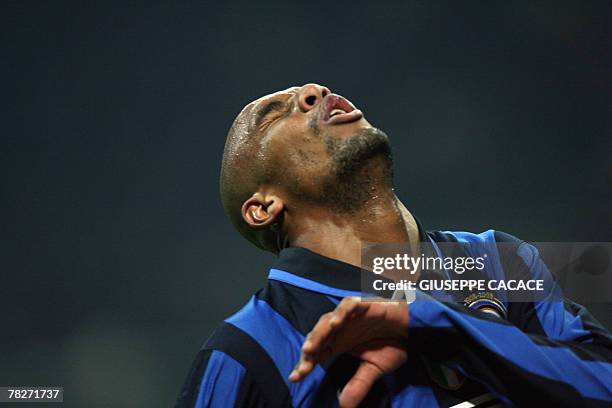 Inter Milan's Brazilian Defender Douglas Sisenando Maicon reacts during their "Serie A" football match Inter vs SS Lazio at San Siro Stadium in...