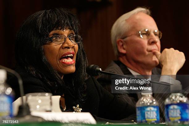 Bankruptcy judge Jacqueline Cox speaks as bankruptcy judge Thomas Bennett listens during a hearing before the Senate Judiciary Committee December 5,...