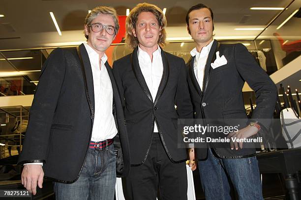 Andrea Tessitore, Lapo Elkann and Giovanni Accongiagioco attends the launch party of 'Italia Independent Ambassador' at the fashion store San Carlo...