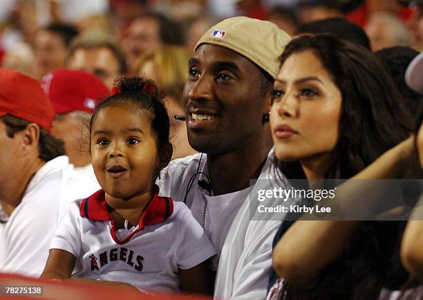 Kobe Bryant with wife Vanessa Bryant and daughter Natalia Diamante Bryant at Los Angeles Angels of Anaheim game against the New York Yankees at Angel...