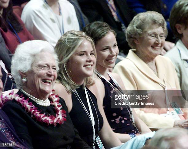 Former First Lady Barbara Bush, Barbara and Jenna Bush, and Jenna Welch, mother of Laura Bush attend the first night session of the 2000 Republican...