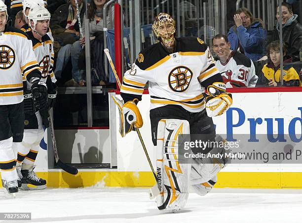 Goaltender Tuukka Rask of the Boston Bruins comes off the bench to replace injured Tim Thomas late in the third period against the New Jersey Devils...