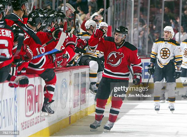 Zach Parise of the New Jersey Devils celebrates his third period game tying goal against the Boston Bruins at the Prudential Center December 5, 2007...