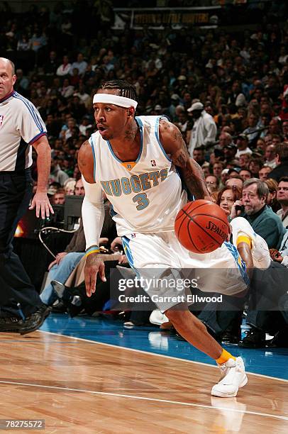 Allen Iverson of the Denver Nuggets goes to the basket against the Los Angeles Lakers on December 5, 2007 at the Pepsi Center in Denver, Colorado....