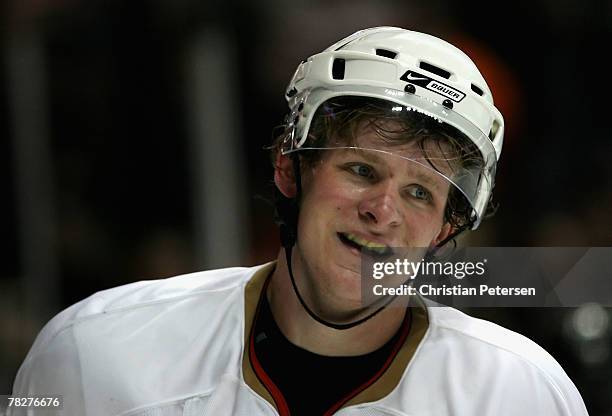 Corey Perry of the Anaheim Ducks smiles after defeating the Buffalo Sabres in the NHL game at Honda Center on December 5, 2007 in Anaheim,...