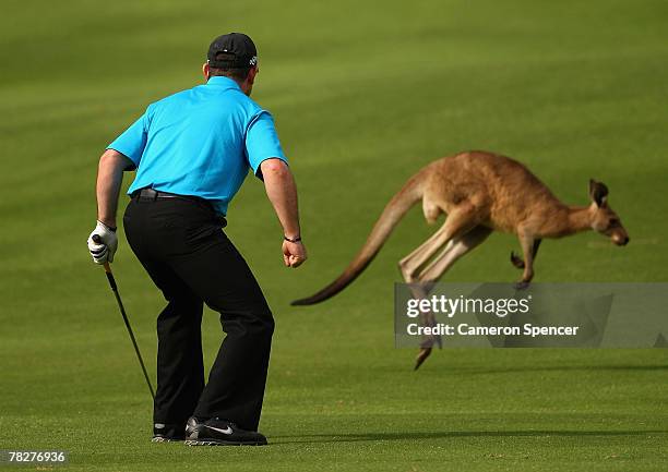 Rory Sabbatini of South Africa scares a kangaroo off the 12th fairway prior to playing his stroke during the first round of the Australian PGA...