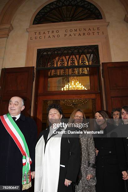 Giorgio Pighi, Lella Pavarotti, Nicoletta Mantovani and Lorenza Pavarotti attend the ceremony at which the Modena Communal Theatre was renamed the...