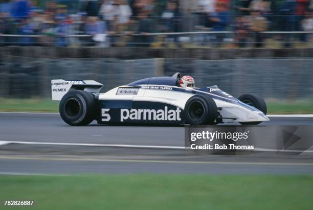 Brazilian racing driver Nelson Piquet drives the Parmalat Racing Team Brabham BT50 BMW S4 test car during practice for the 1981 British Grand Prix at...