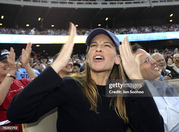 Actress Hilary Swank attends the Los Angeles Dodgers vs New York Mets game Monday, June 11, 2007 at Dodger Stadium in Los Angeles,California.