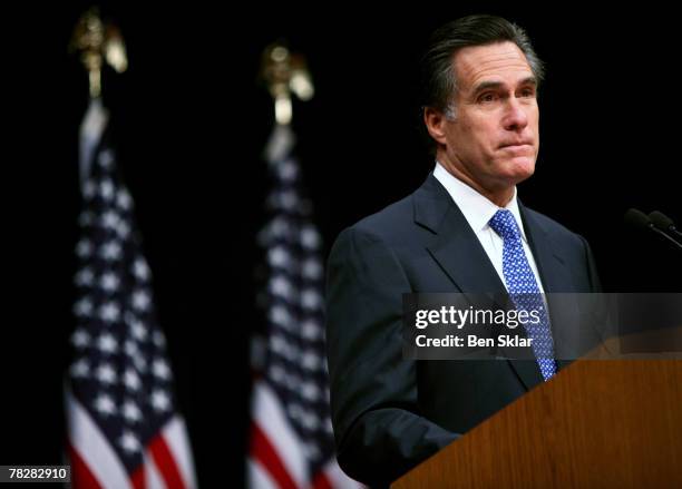 Former Massachusetts Governor and Republican President hopeful Mitt Romney speaks on faith in America at The George Bush Presidential Library on...