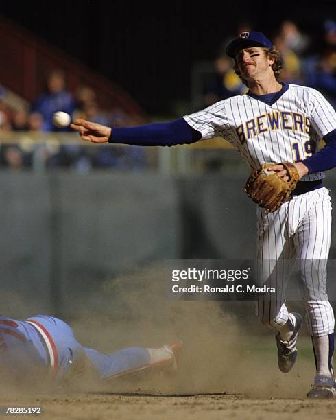 Robin Yount of the Milwaukee Brewers throwing to first base during Game 4 of the 1982 World Series against the St. Louis Cardinals on October 16,...