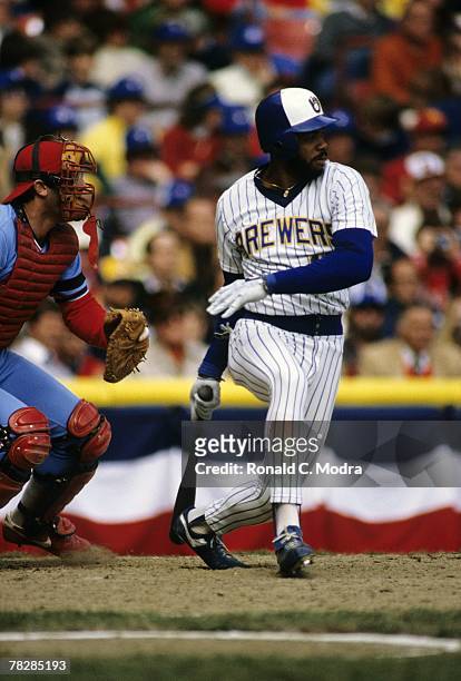 Cecil Cooper of the Milwaukee Brewers batting during Game 4 of the 1982 World Series against the St. Louis Cardinals on October 16, 1982 in...