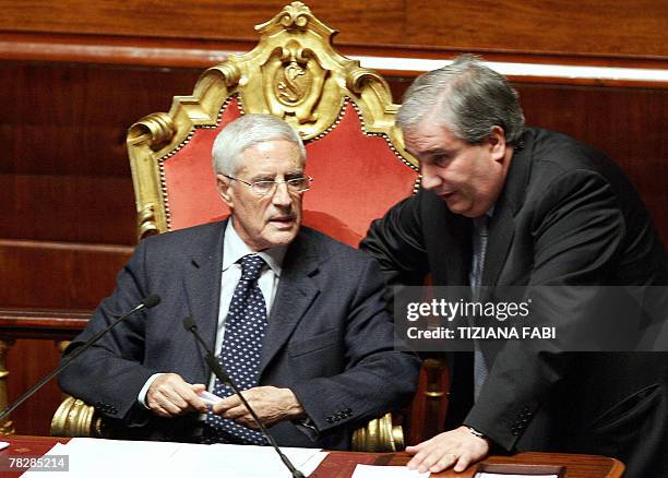 Senate President Franco Marini talks to Instruction Minister Giuseppe Fioroni during a confidence vote at the Senate, 06 December 2007. Italy's...