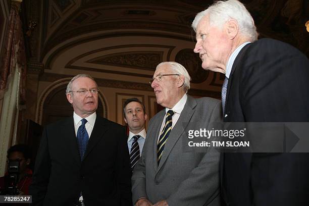 Northern Ireland leaders Ian Paisley and Martin McGuinness meet with Democratic US Senator Edward Kennedy 06 December 2007 on Capitol Hill in...