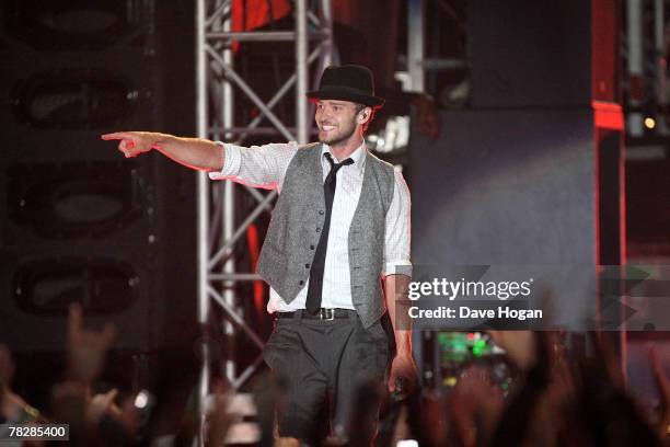 Justin Timberlake performs on stage at the closing night of his FutureSex/LoveShow World Tour in the grounds of Emirates Palace Hotel on December 6,...
