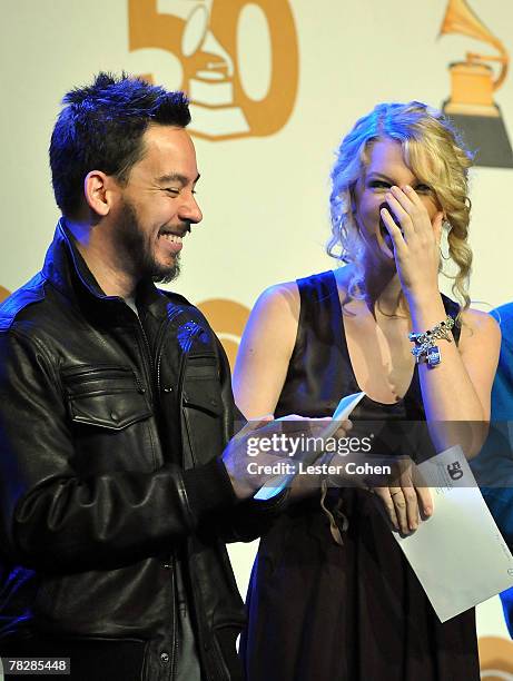 Musician Mike Shinoda and singer Taylor Swift at the Nominations for the 50th Annual GRAMMY Awards at the Henry Fonda Music Box Theater on December...