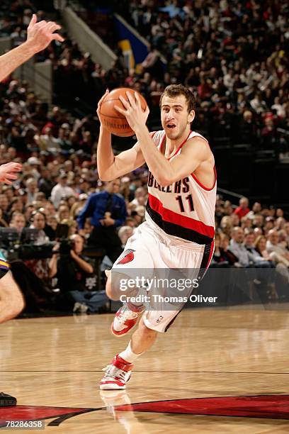 Sergio Rodriguez of the Portland Trail Blazers drives to the basket during the game against the New Orleans Hornets on November 7, 2007 at the Rose...