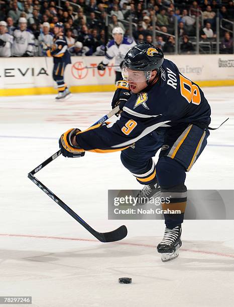 Derek Roy of the Buffalo Sabres breaks a hockey stick during the game against the Los Angeles Kings at Staples Center on December 6, 2007 in Los...