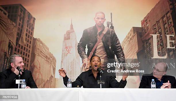 Director Francis Lawrence, actor Will Smith and producer Akiva Goldsman attends a press conference to promote the new movie "I Am Legend" at the...