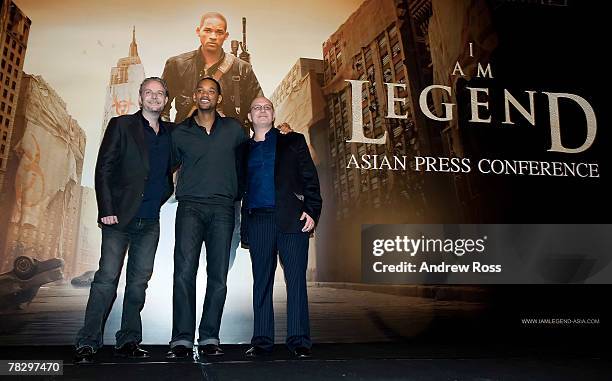 Director Francis Lawrence, actor Will Smith and producer Akiva Goldsman attend a press conference to promote the new movie "I Am Legend" at the Grand...