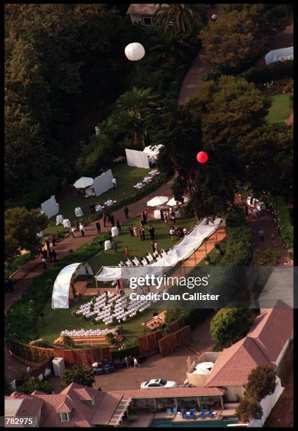 An aerial view of Brad Pitt and Jennifer Aniston's wedding venue July 29, 2000 in Malibu, CA.