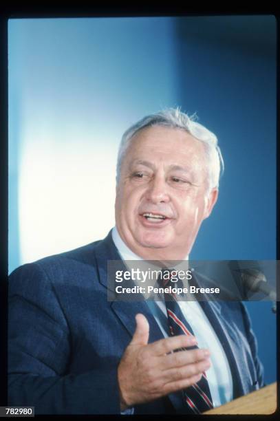 Israeli defense minister Ariel Sharon speaks at the National Press Club May 13, 1983 in Washington, DC. Sharon took part in all of the Arab-Israeli...