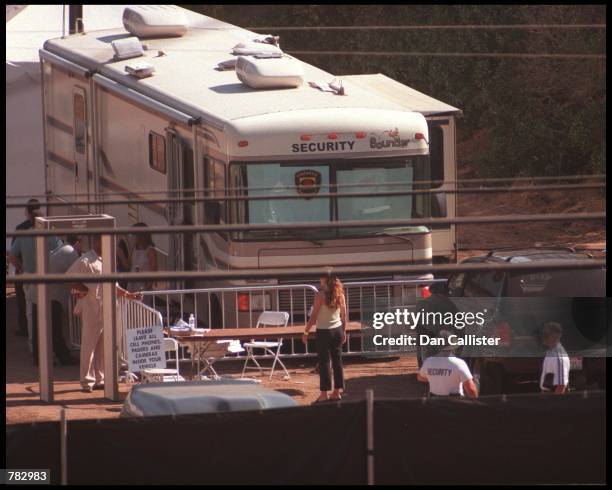 Security trailer and metal detector at Brad Pitt and Jennifer Aniston's wedding venue July 29, 2000 in Malibu, CA.