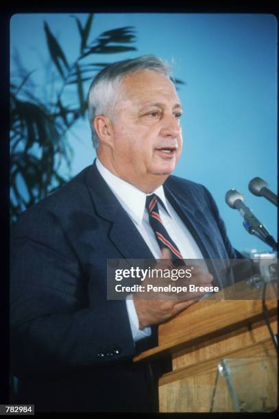 Israeli defense minister Ariel Sharon speaks at the National Press Club May 13, 1983 in Washington, DC. Sharon took part in all of the Arab-Israeli...