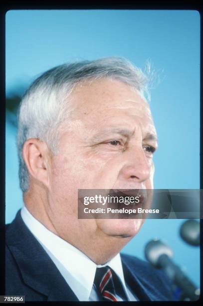 Israeli defense minister Ariel Sharon speaks at the National Press Club May 13, 1983 in Washington, DC. Sharon took part in all of the Arab-Israeli...