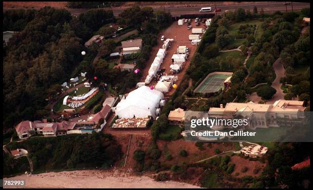 An aerial view of Brad Pitt and Jennifer Aniston's wedding venue July 29, 2000 in Malibu, CA.
