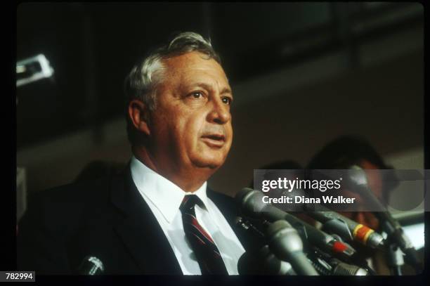 Israeli defense minister Ariel Sharon speaks at a press conference May 25, 1982 in USA. Sharon took part in all of the Arab-Israeli wars and was...