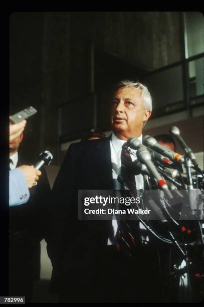 Israeli defense minister Ariel Sharon speaks at a press conference May 25, 1982 in USA. Sharon took part in all of the Arab-Israeli wars and was...