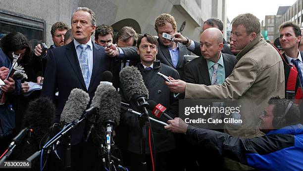 Kieren Fallon's spokesperson Brian MacLaurin speaks to the press with Fallon after leaving the Central Criminal Court on December 7, 2007 in London,...